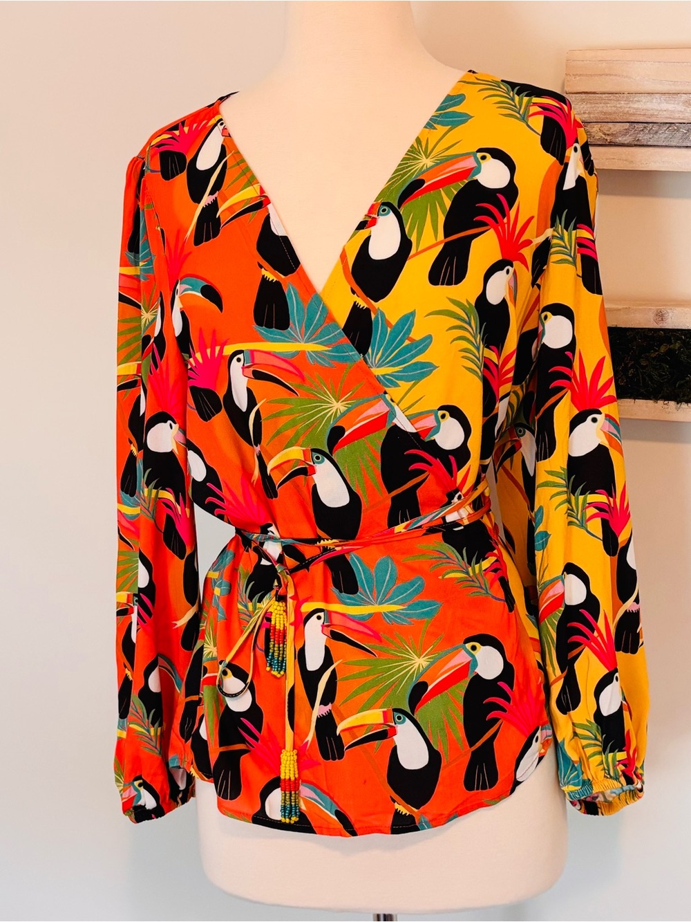 FARM Rio Anthropologie Tropical Toucan Wrap Blouse M